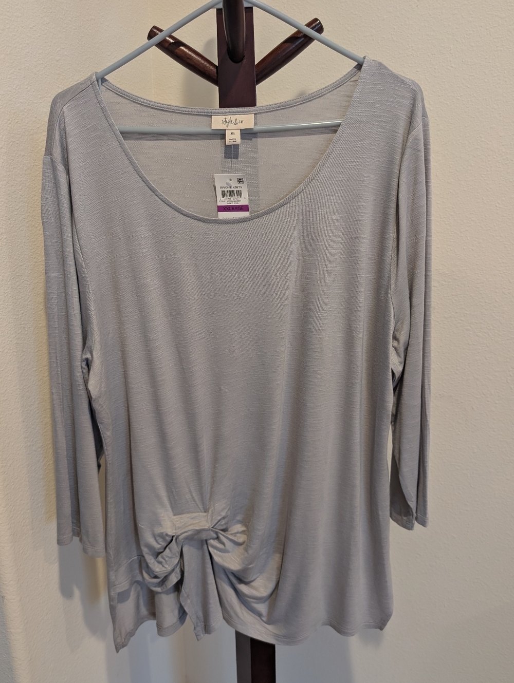 Light Gray Scoop Neck 3/4 Sleeve Top with Front Knot, Size XXL - NEW